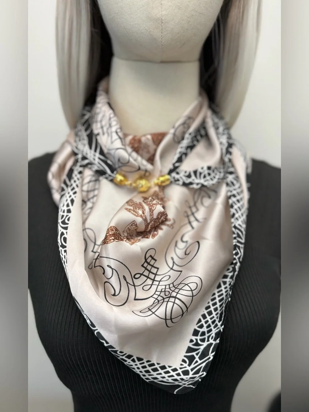 Luxury Satin Scarf with Magnetic Clasp, Floral & Abstract Print Silk Feel